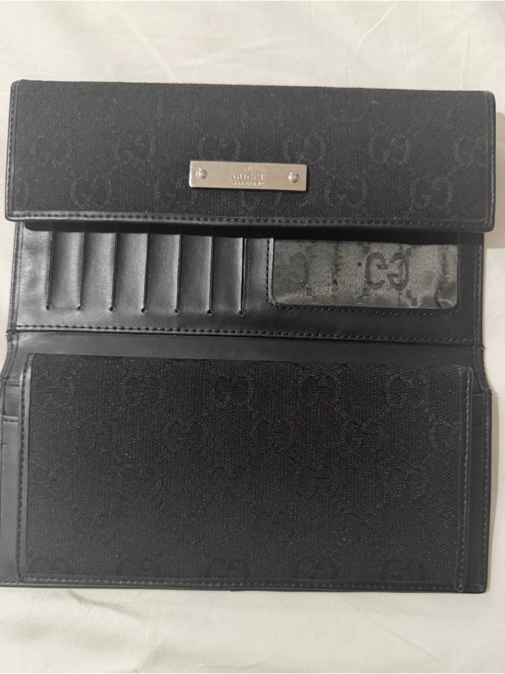 Gucci Black GG Monogram Long Continental Wallet with Silver Plate